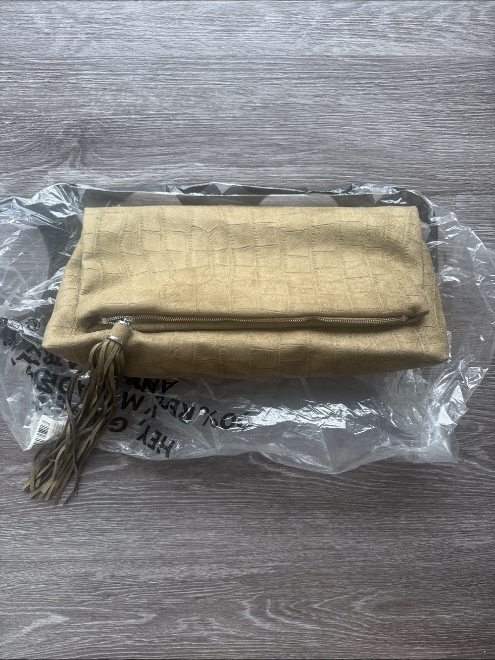 ASOS Design faux suede croc flap clutch bag in khaki